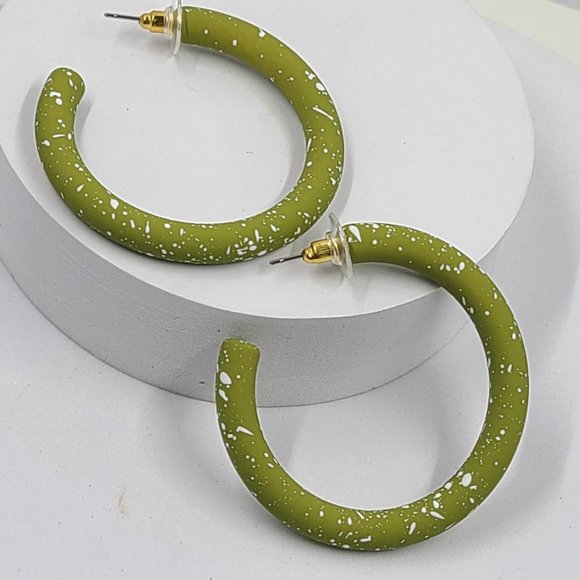 2" White Splatter Paint Olive Green Matte Hoop Earrings - Picture 2 of 11